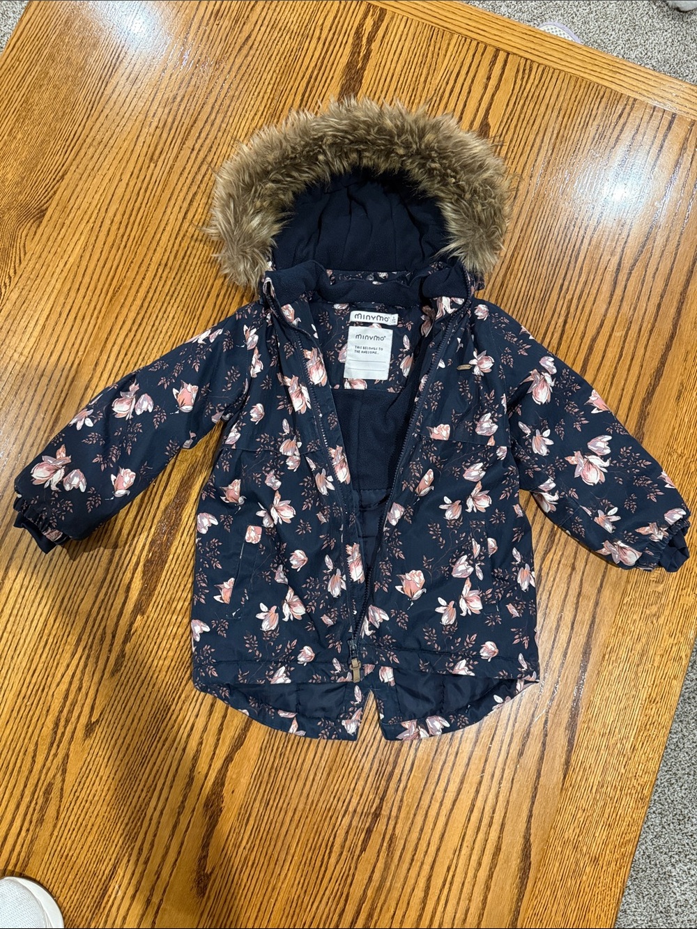 Minymo Navy Floral Puffer Jacket with Faux Fur Hood